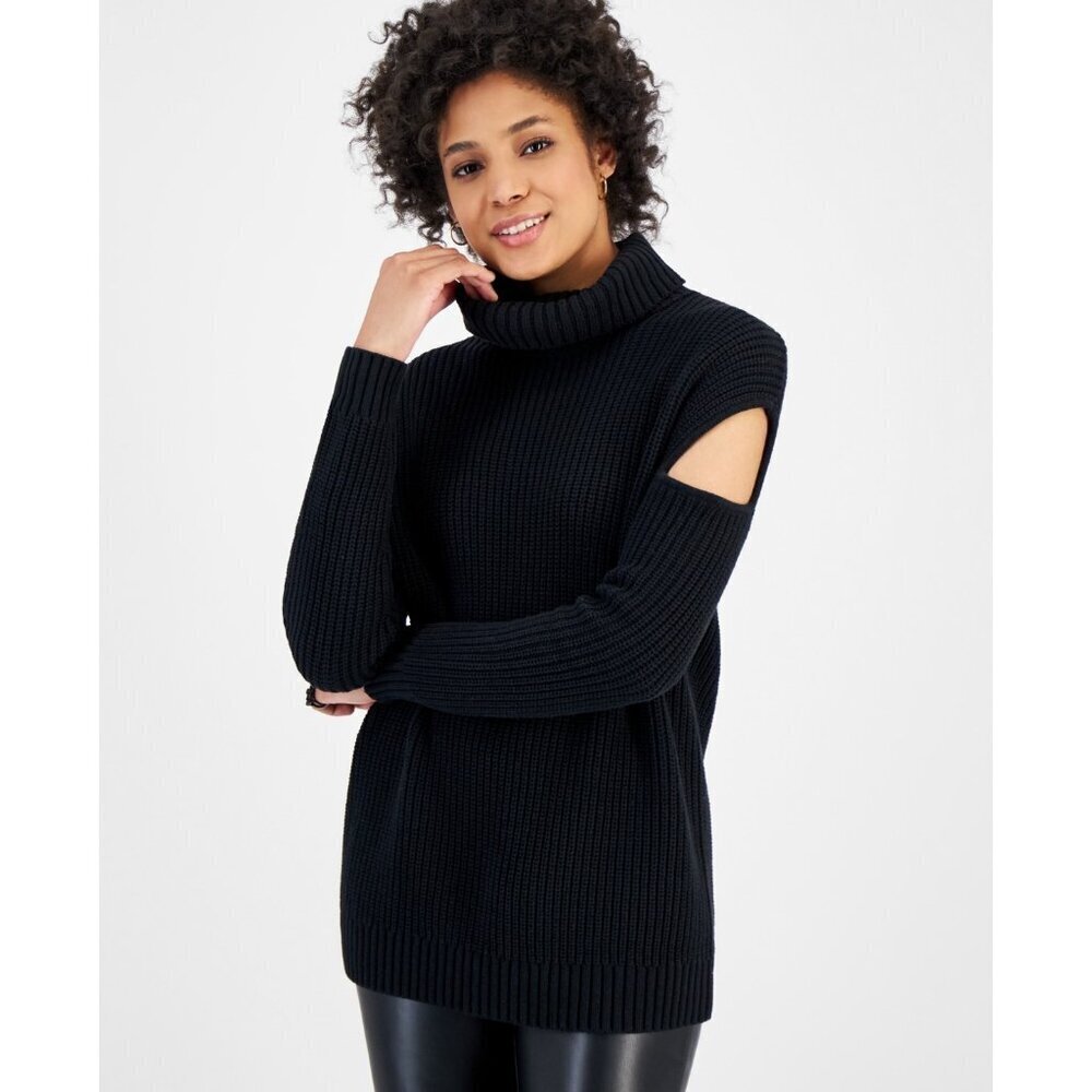Bar III Womens Size Small Turtleneck Cutout Sleeve Pullover Sweater in Black $59